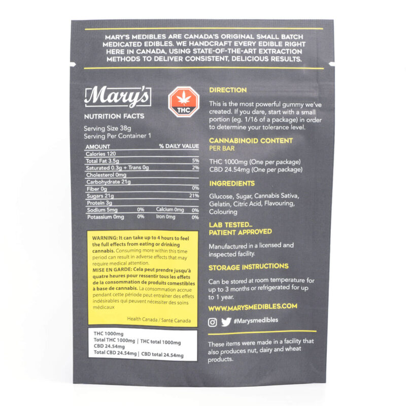 1000mg THC Sativa Gummy Bar (Mary’s Edibles) - Image 2